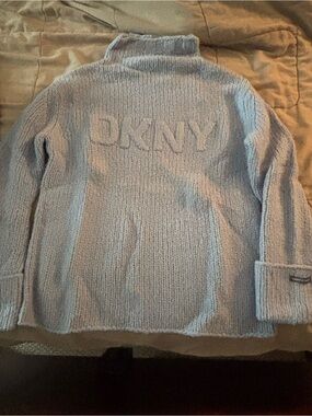 DKNY Light Blue Turtleneck Logo Knit Sweater